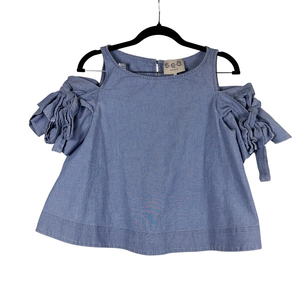 Sea New York Blue Cotton Chambray Cold Shoulder Ruffle Sleeve Top 2 Luxury  Boho